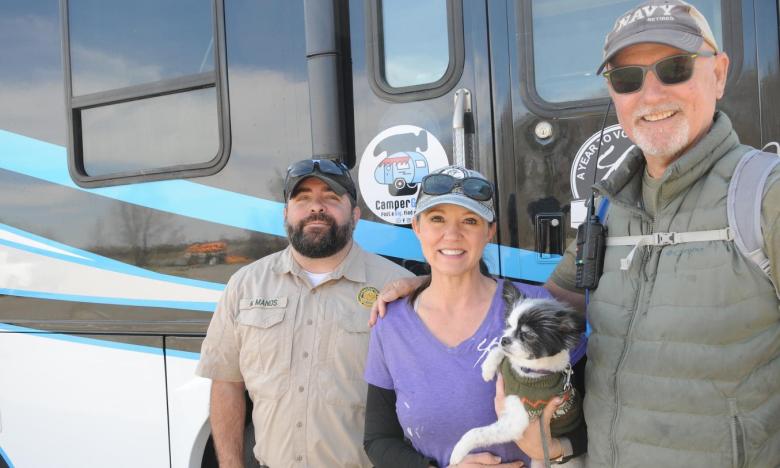 From left to right: Matt Manos, park superintendent at Cane Creek State Park and Arkansas Post Museum State Park and A Year to Volunteer founders Shar and Phil Roos ( and Domino). 